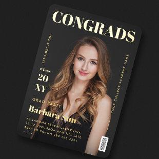 Modern Magazine Black and Gold Graduation Party  Foil Invitation