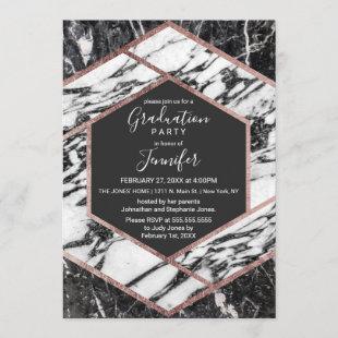 Modern Marble Rose Gold Trim Hexagon Graduation Invitation