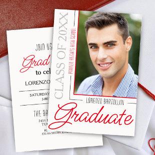 Modern Minimal 1 Photo Red and White Graduation Invitation