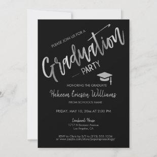 Modern Minimal Black Silver Graduation Party Photo Invitation