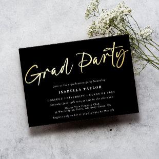 Modern Minimal Script Black Gold Graduation Party Foil Invitation
