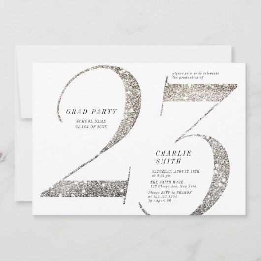 Modern minimalist silver glitter grad party invitation