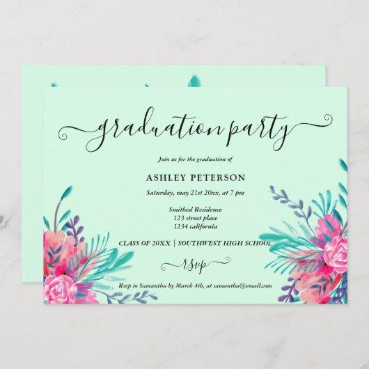 Modern mint pink floral watercolor graduation invitation