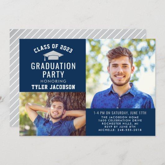 Modern Navy and Silver Graduation Party Photo Invitation