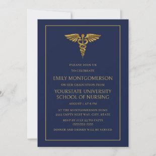 Modern Navy Blue Gold Nursing School Graduate  Invitation