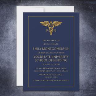 Modern Navy Blue Gold Nursing School RN Graduate Invitation