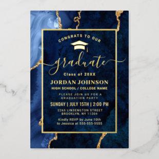 Modern Navy Blue Marble Graduation Party Gold Foil Invitation