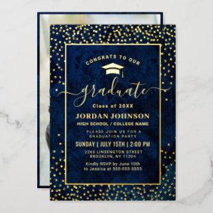 Modern Navy Blue Marble Graduation Party Gold Foil Invitation