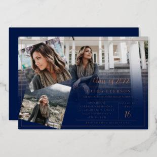 Modern navy blue minimalist 3 photos graduation foil invitation