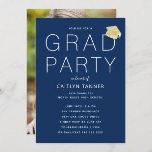 Modern Navy Blue Photo Graduation Party Invitation