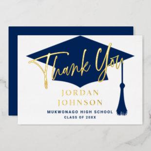 Modern Navy Graduation Gold Foil Thank You Card