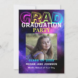 Modern neon middle school photo graduation party invitation