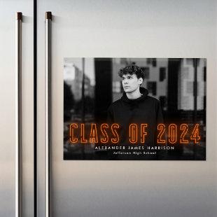 Modern Orange Neon Class of 2024 Photo Graduation Magnetic Invitation