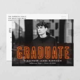 Modern Orange Neon Photo Graduation Party Invitation Postcard