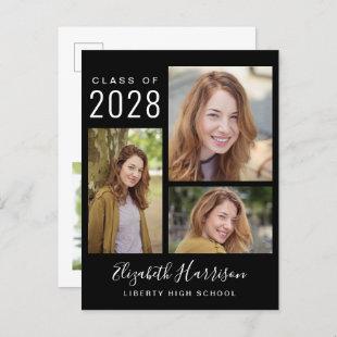 Modern Photo Collage Black Graduation Announcement Postcard