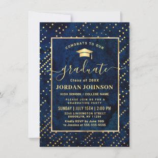 Modern PHOTO Golden Blue Marble Graduation Party Invitation
