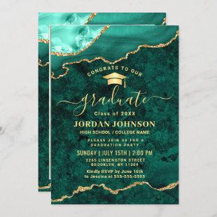 Modern Photo Golden Green Marble Graduation Party Invitation