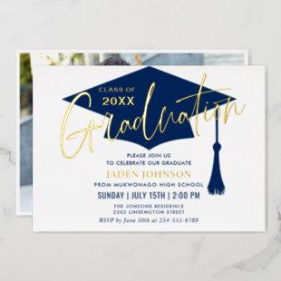 Modern PHOTO Golden Navy Blue Graduation Party Foil Invitation
