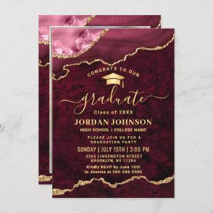Modern PHOTO Golden Red Marble Graduation Party Invitation
