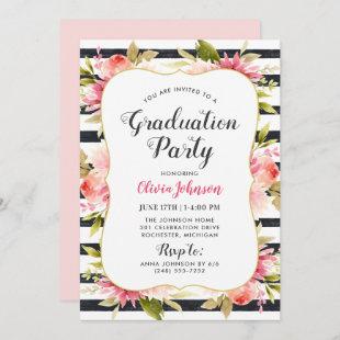 Modern Pink Floral Black Stripes Graduation Party Invitation