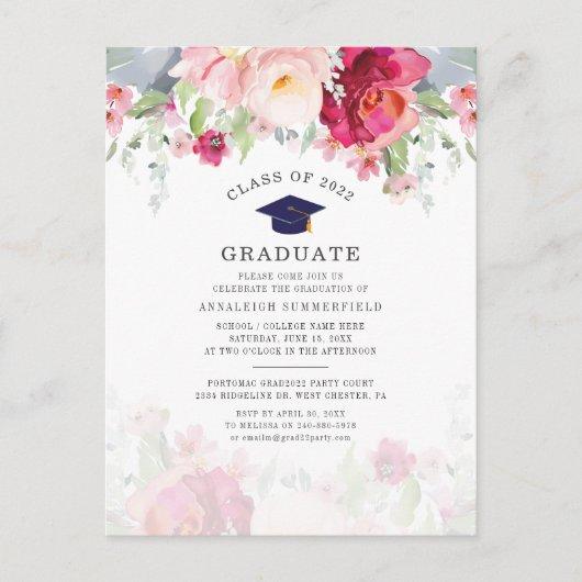 Modern Pink Floral Class of 2022 Graduation Party Invitation Postcard