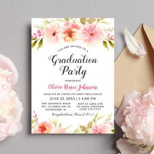 Modern Pink Floral Watercolor Graduation Party Invitation