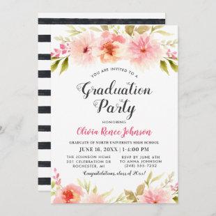 Modern Pink Floral Watercolor Graduation Party Invitation
