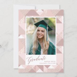 Modern Pink Glitter Script Girl Photo Graduation Announcement