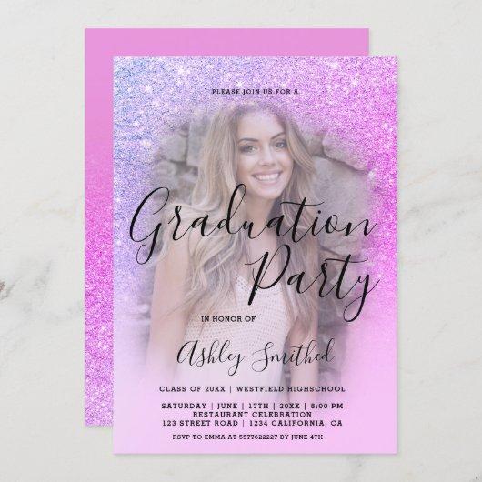 Modern pink purple glitter ombre photo graduation invitation