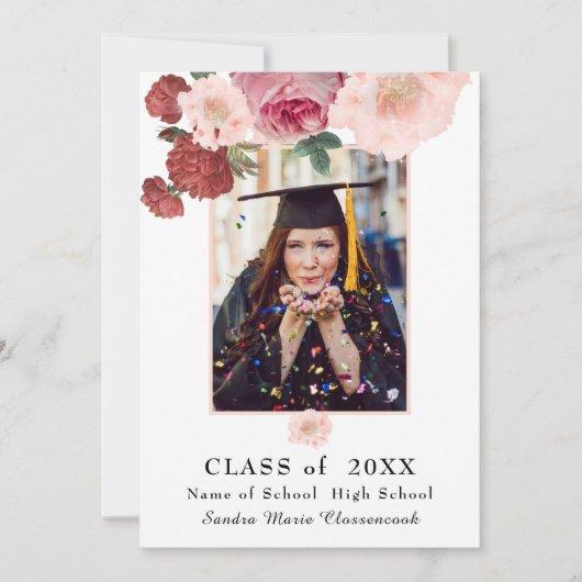 Modern, Pink Rose floral graduation announcement