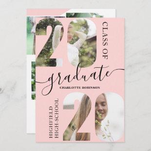 Modern pink script 5 photos 2020 graduation invitation