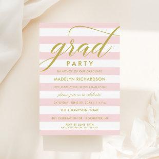 Modern Pink Stripes Gold Custom Grad Party Invitation