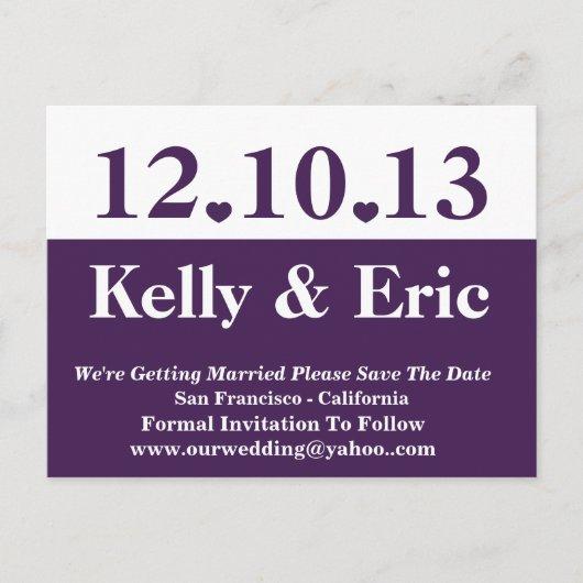 Modern Purple and White With Hearts Save The Date Announcement Postcard