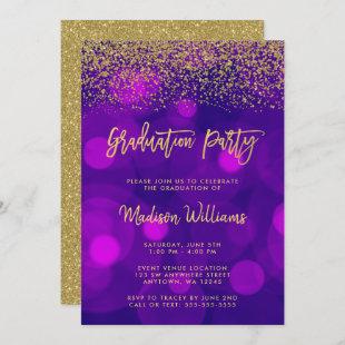 Modern Purple Faux Gold Glitter Graduation Party Invitation
