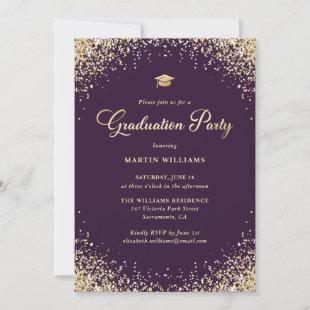 Modern Purple Gold Confetti Graduation Party Invitation