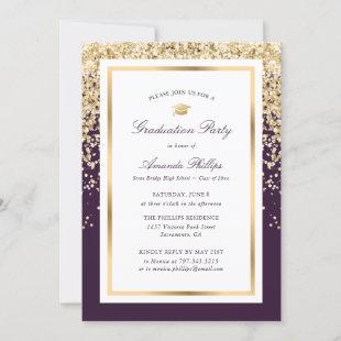 Modern Purple Gold Confetti Photo Graduation Party Invitation