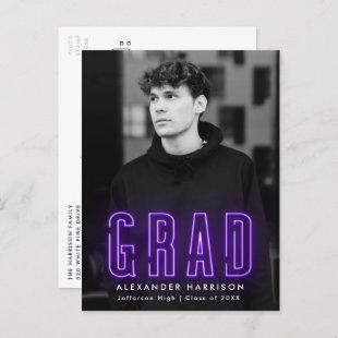 Modern Purple Neon Photo Graduation Party Invitation Postcard