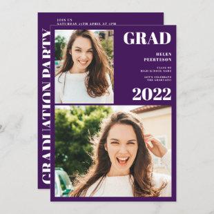 Modern purple white 3 photos graduation invitation