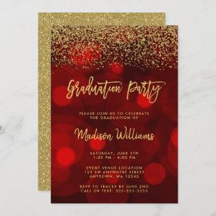 Modern Red Faux Gold Glitter Graduation Party Invitation