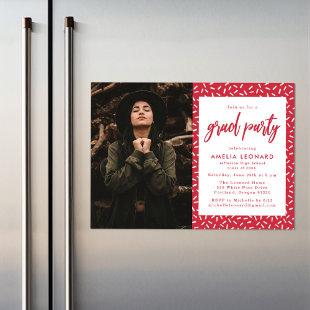 Modern Red Script Photo Graduation Party Magnetic Invitation
