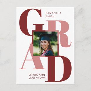 Modern Red Trendy Typography Girl Photo Graduation Invitation Postcard