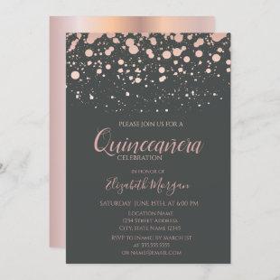 Modern Rose Gold Dots, Gray  Quinceanera Invitation