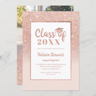 Modern rose gold glitter class of photo graduation invitation