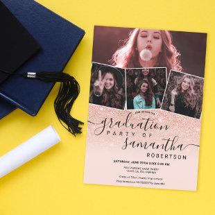 Modern rose gold glitter script 4 photo graduation invitation