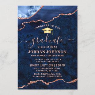 Modern Rose Gold Navy Blue Marble Graduation Party Invitation