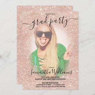 Modern rose gold pink glitter photo graduation invitation
