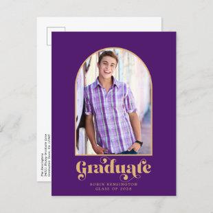 Modern Royal Purple Gold Arch Photo Graduation  Announcement Postcard