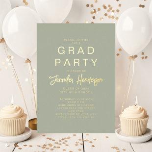 Modern Sage Green Script Graduation Party Gold Foil Invitation