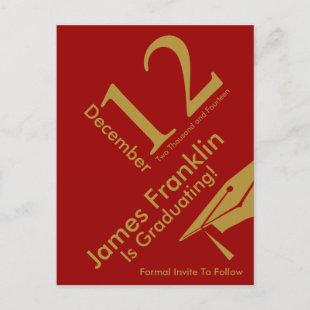 Modern Save The Date Graduation Red and Gold Announcement Postcard