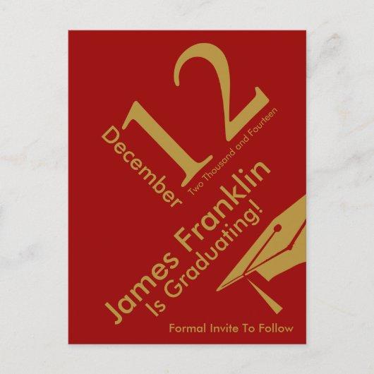 Modern Save The Date Graduation Red and Gold Announcement Postcard
